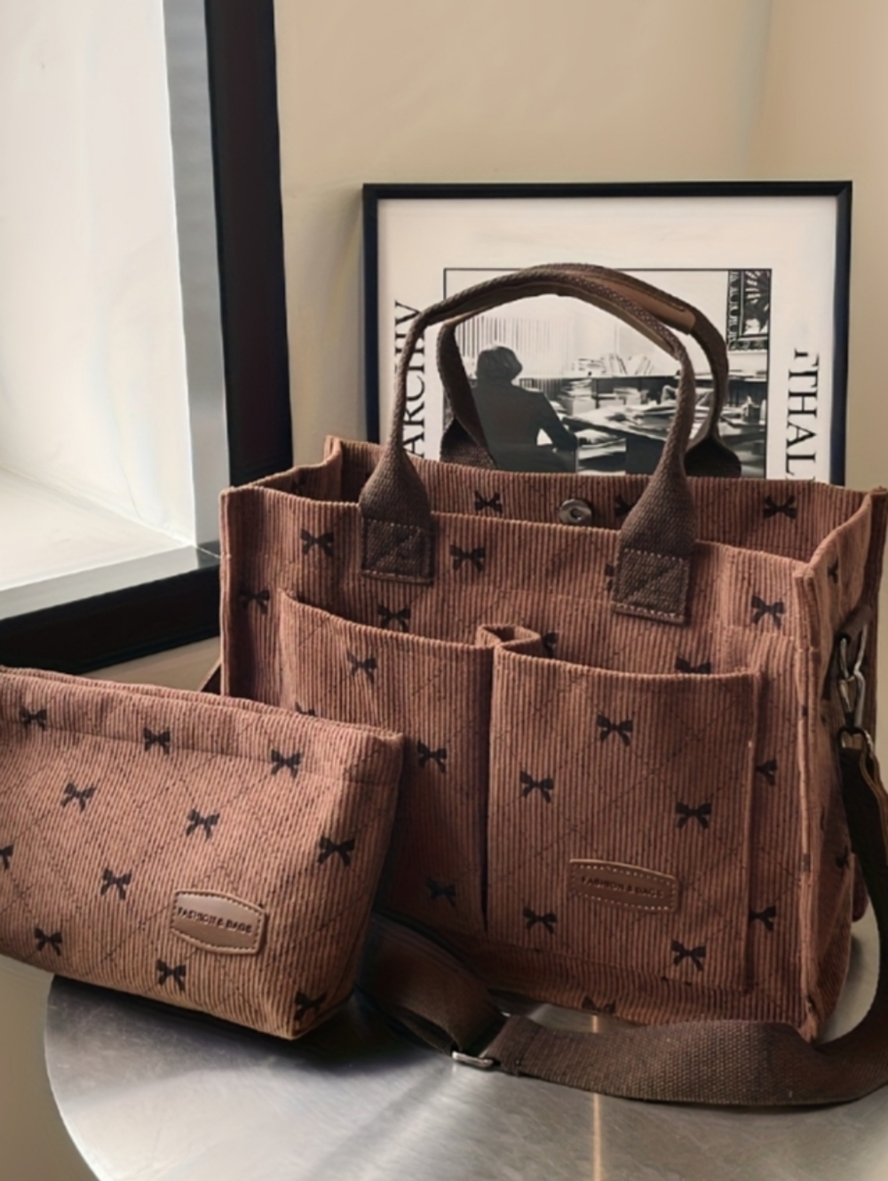 New Tote with Matching Pouch In Brown/Black Combo With Bow Print